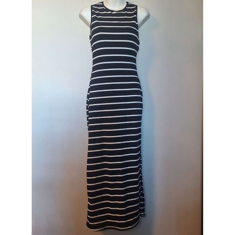 Black & White Striped Sleeveless Ribbed Bodycon Maxi Dress Casual Size Medium